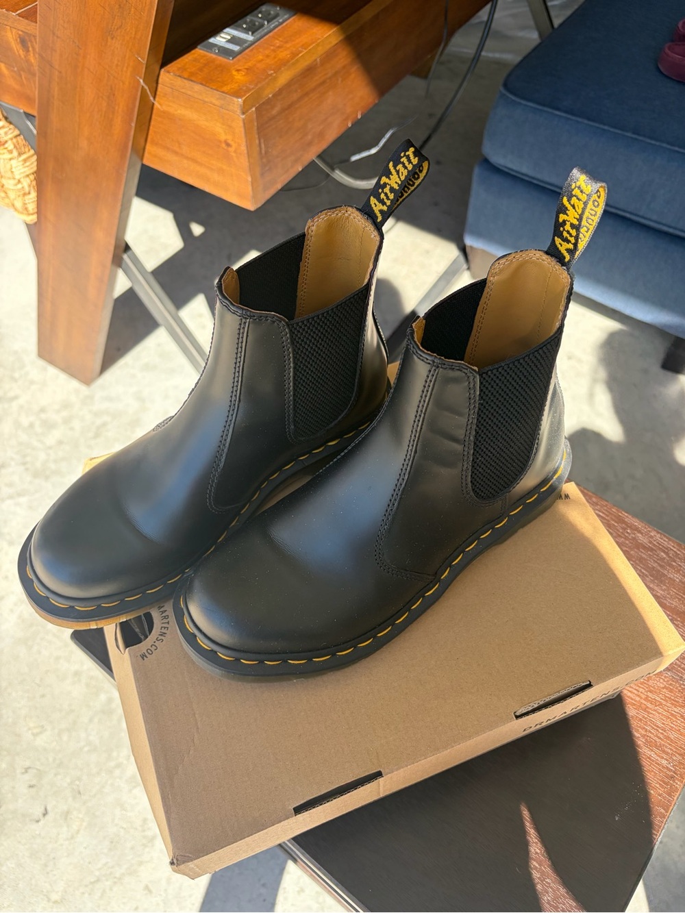 Dr. Martens Black Leather Chelsea Boots with Yellow Stitching and Heel Loop